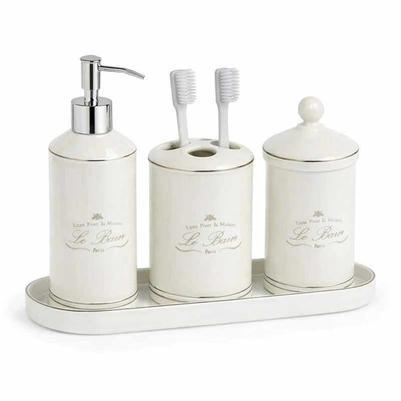 Grinstead 4 pièces en céramique avec plateau, distributeur de savon, porte-brosse à dents et pot en coton - ivoire / crème avec pompe chromée