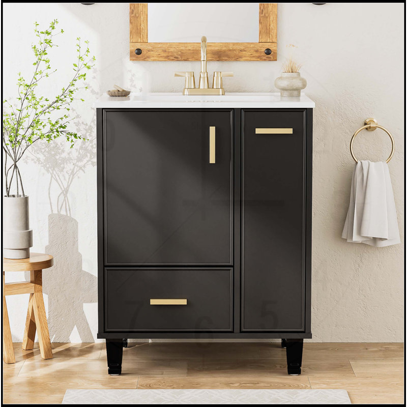 Meuble-lavabo de 24 po avec lavabo, armoire et paniers coulissants, bois massif et panneau de fibres à densité moyenne, un paquet