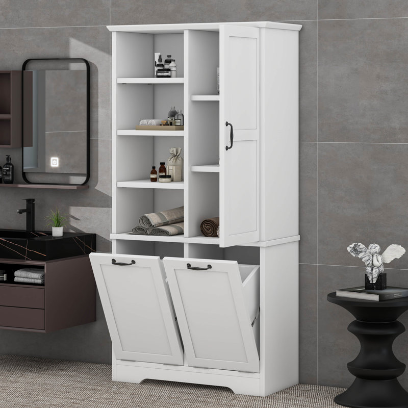 Bathroom Storage Cabinet With Tilt-Out Laundry Hamper, Adjustable Shelves, White