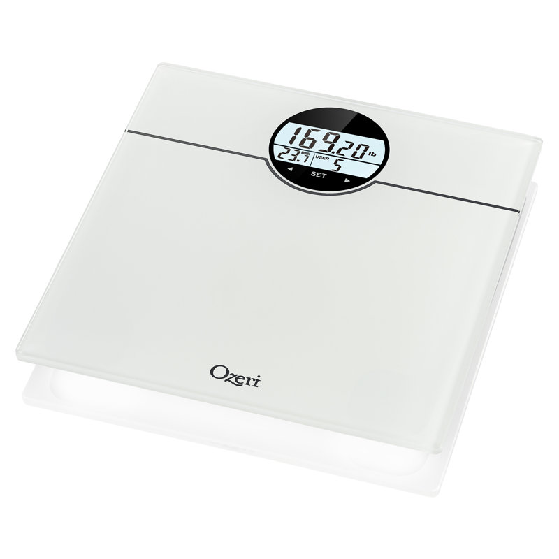 Pèse-personne Ozeri (440 lb / 200 kg) avec détection de changement de poids IMC, BMR et 50 grammes, Blanc