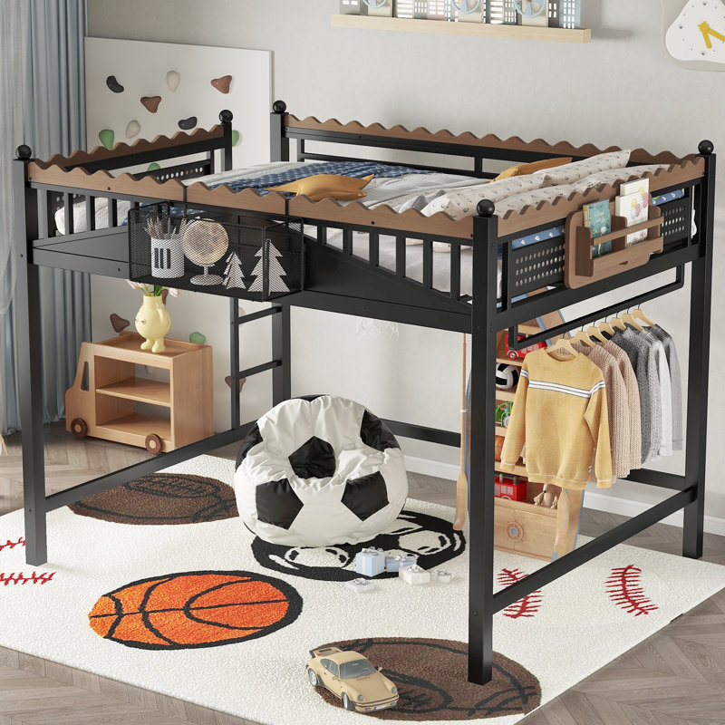 Queen Size Metal Loft Bed with Ladder, Storage Shelves & Bookshelf, No Box Spring, Chic Black Finish, Queen