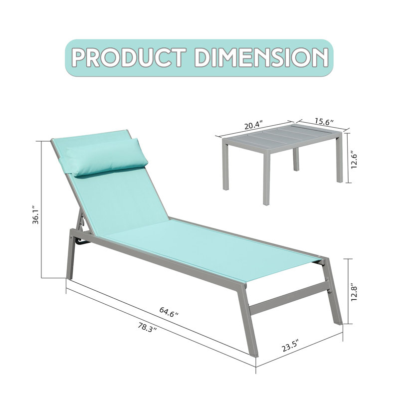 Patio Chaise Lounge Set Of 3, Aluminum Pool Lounge Chairs With Side Table, Outdoor Adjustable Recliner All Weather For Poolside, Beach, Yard, Balcony (Navy Blue)