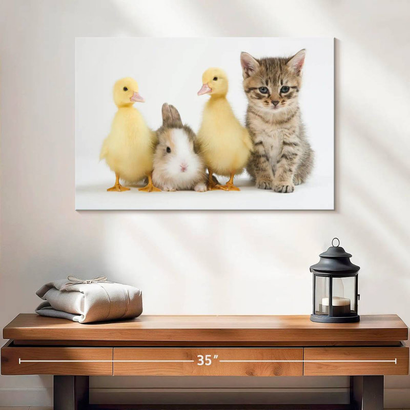 Brampt Kitten With Ducklings And Rabbit, 16" H x 24" W
