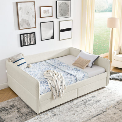 Lit de jour avec lit gigogne et rangement, grand lit rembourré beige, 88 po x 65,5 po x 29,5 po, motif à rayures, support dorsal confortable, lit gigogne simple, solution de tiroir de rangement, taille, lit,