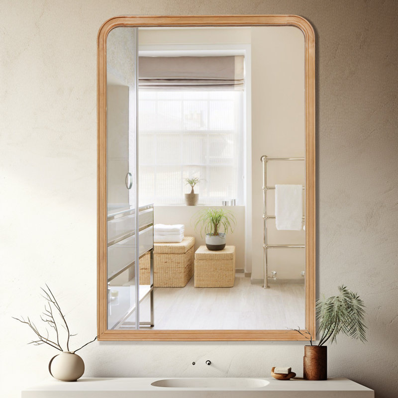 Miroir mural de salle de bain / meuble-lavabo avec cadre en bois, 36 po x 24 po, Bois naturel