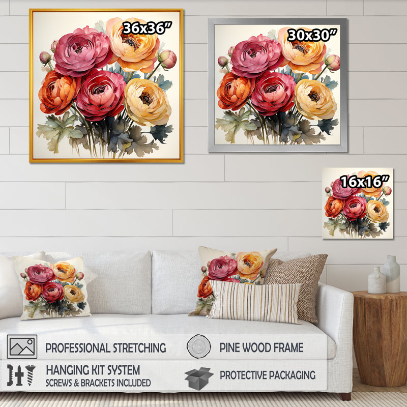 «Colorful Ranunculus Elegance I», art mural Renoncule, H 16 po x l 16 po x P 1 po, Cadre flottant noir