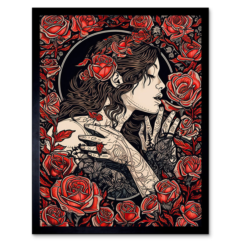 Aarsh Kiss From A Rose Red And Black Floral - Single Picture Frame Print