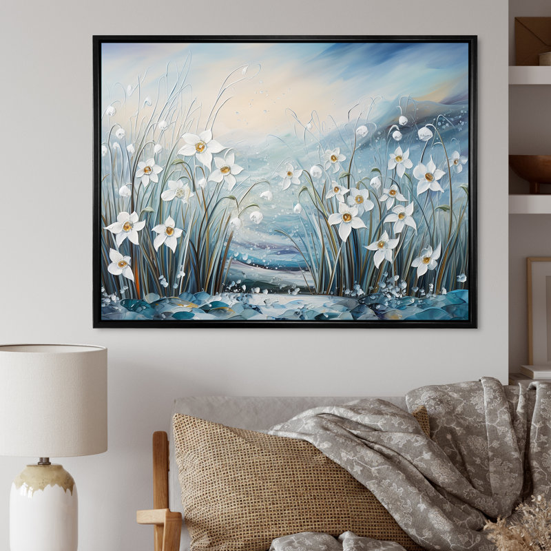 «Snowdrop Flowers Field In Winter I», reproduction sur toile, Cadre flottant noir, H 34 po x l 44 po x P 1,5 po
