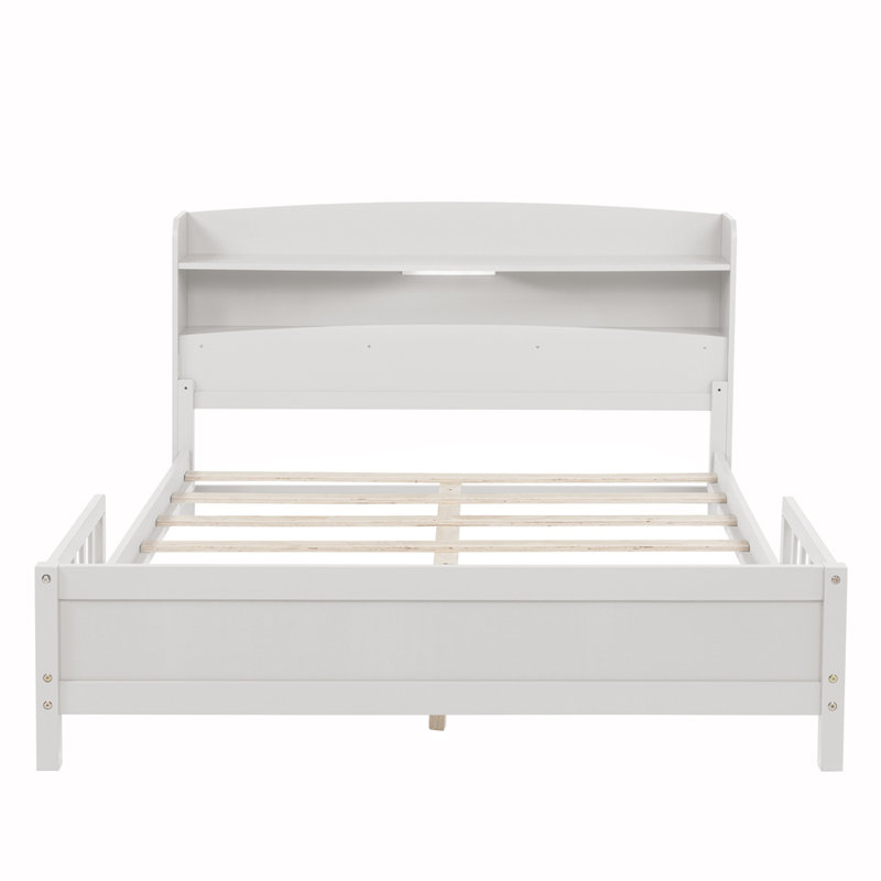 Lit double en bois de pin avec tête de lit bibliothèque, capteur de mouvement à DEL et garde-corps, Blanc