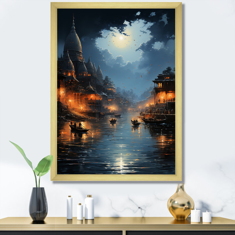 Hindouisme divin, rivière Ganges, reproduction d'art sur toile, Cadre doré simple, H 40 po x l 30 po x P 1,5 po