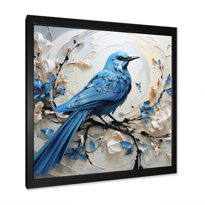 Oiseau bleu minimalisme blanc et fleurs bleues, reproduction sur toile, H 36 po x l 36 po x P 1,5 po, Noir