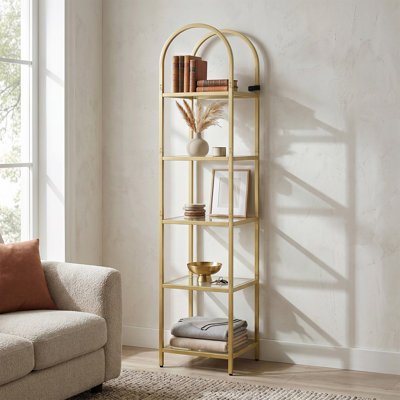 5-Tier Tall Gold Bookshelf, Arched Bookcase with Glass Shelves 11.81" D x 15.75" W x 72.44" H