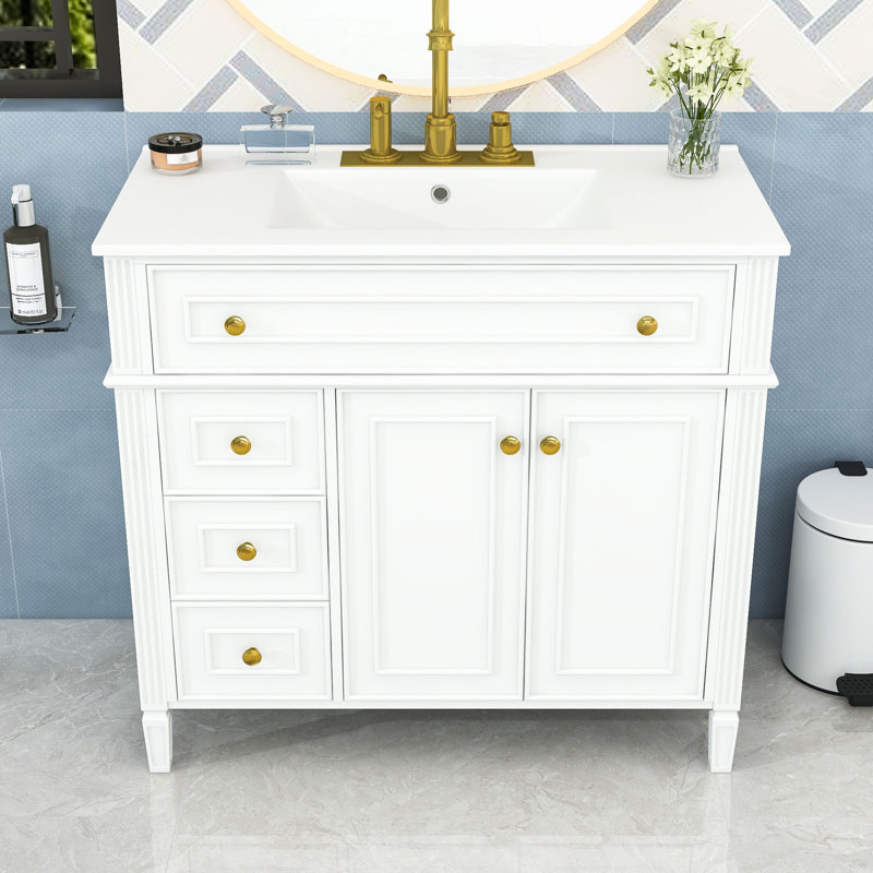 Meuble-lavabo de salle de bain avec lavabo en céramique, 3 tiroirs et armoire de rangement à fermeture en douceur, Blanc