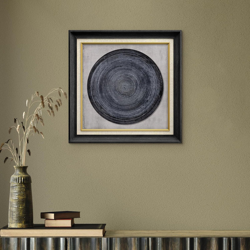 " Black & Blue Abstract Geometric Circle Stroke Boho Mid-century " Graphic Art Print, Black Framed