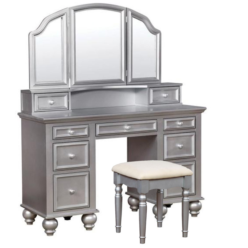 Ensemble coiffeuse avec tabouret et miroir Fortner, Argent