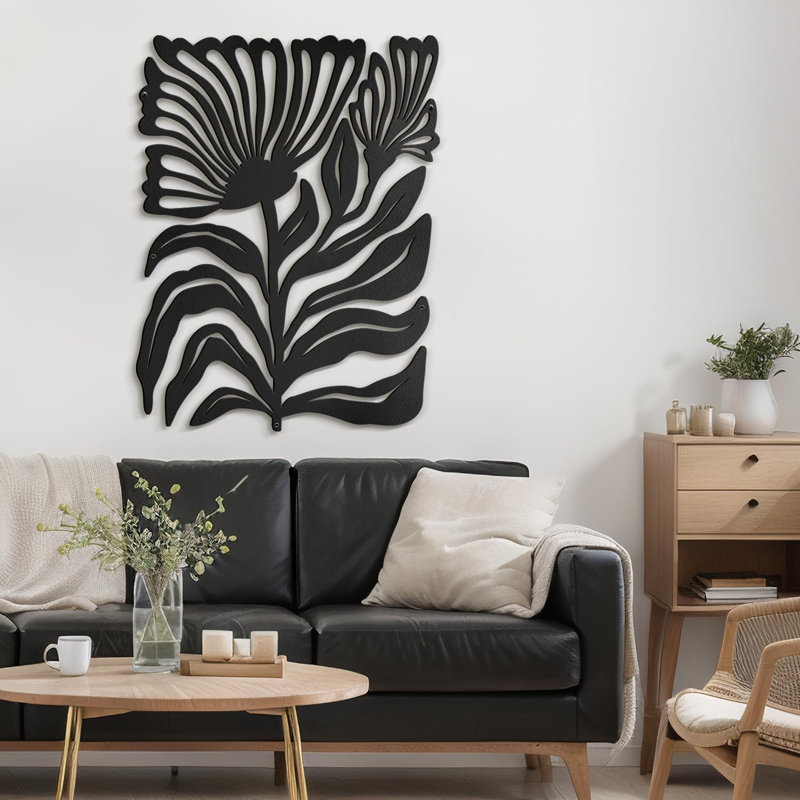 Décoration murale en métal Botanical Flower Minimalist Modern Abstract, H 30 po x l 23,62 po x P 0,05 po, Noir