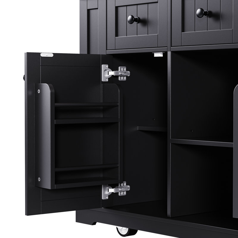 Îlot de cuisine noir comprenant 2 tabourets, une prise de courant, un rangement interne, un abattant, 5 tablettes latérales, 3 tiroirs pour les espaces de salle à manger et de rangement