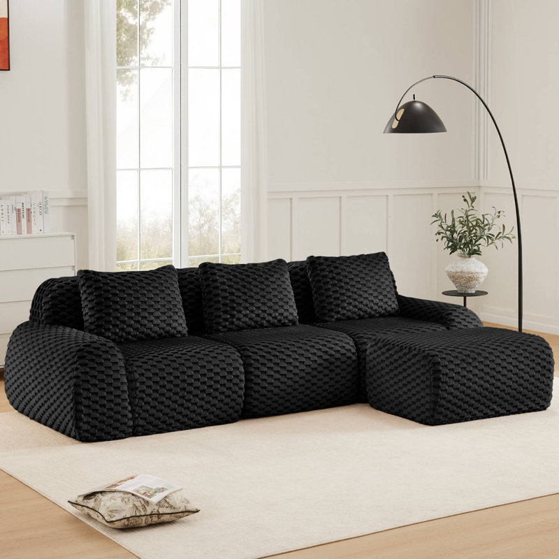 114" Flannel L-Shaped Modular Sectional With Ottoman, Black Fabric