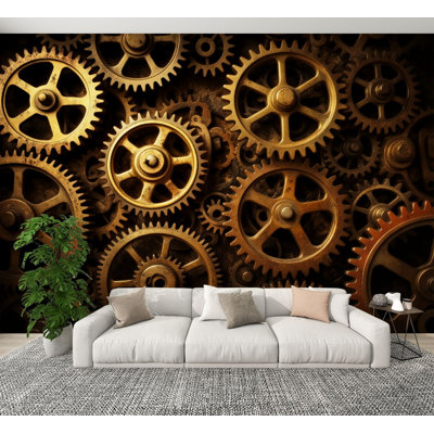 Papier peint adhésif à peler et coller, mécanisme à engrenages en bronze, rouages dorés, industriel, H 100 po x l 144 po, papier mural amovible en PVC, autocollant, pour chambre à coucher, salon, bureau à domicile