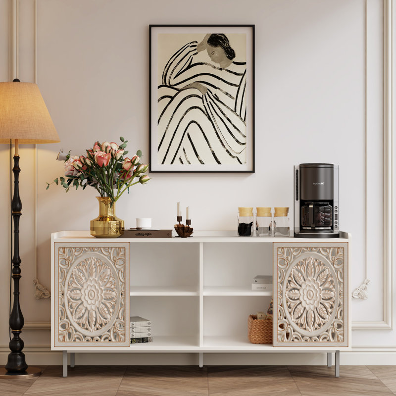Buffet Mid-Century, Blanc, H 28 po x l 58,6 po x P 15,7 po