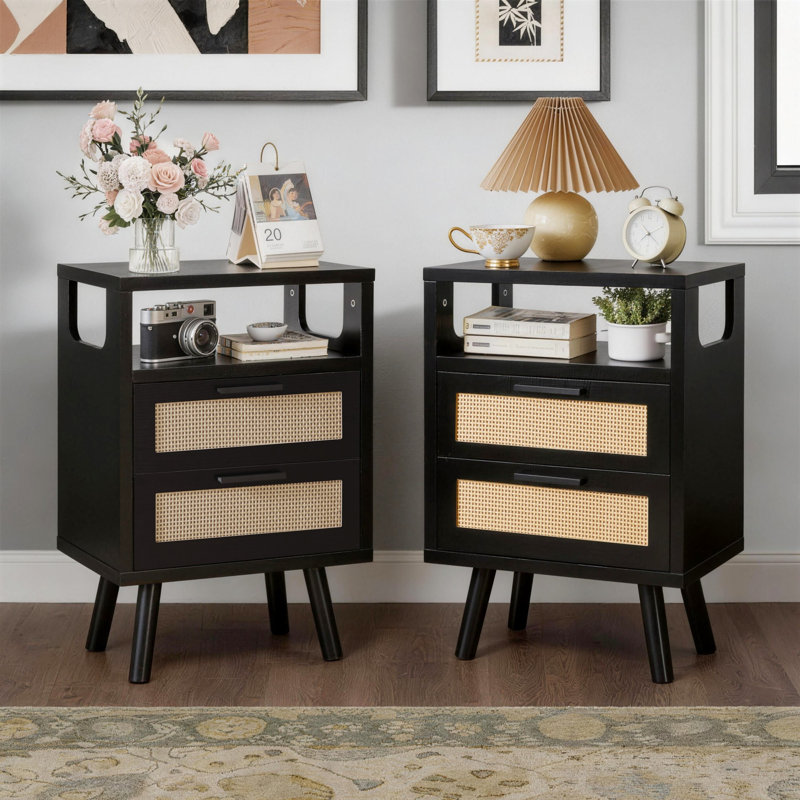 Table de chevet avec rangement moderne, table de bout pour chambre à coucher, ensemble de 2, Noir