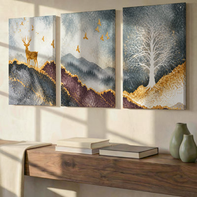 3 Pieces Exculisive Gold Deer and White Tree Landscape Large Wall Art Luxe Panoramic Canvas Art, Canvas Decor for Living Room, Bedroom and Office