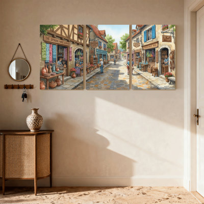 Scenic &Cityscapes Charming Village Street Scene With Shops And People Set of 3 Canvas Wall Art Prints