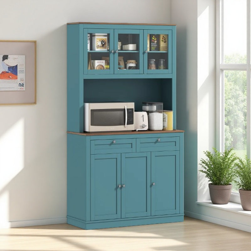 Armoire de cuisine pratique avec support pour micro-ondes, huche de cuisine avec tiroirs et tablettes réglables, Vert