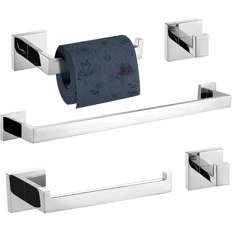 5-Piece Bathroom Towel Bar Set - SUS304 Stainless Steel Wall Mounted Towel Holder With Square Design, Includes Towel Ring, Tissue Holder And Hooks
