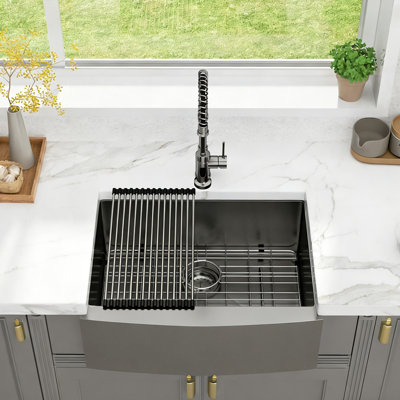 27"W Apron Front Large Single Bowl Kitchen Sink 304 16 Gauge Stainless Steel Farmhouse Sink 10" Deep Basin with Full Accessories