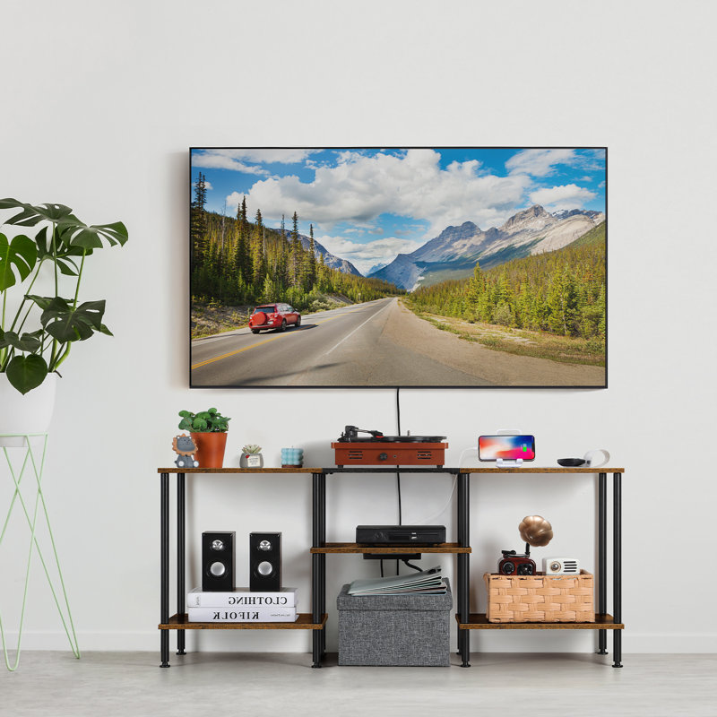 Industrial TV Stand w/ Power Strip: Burned Wood