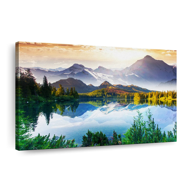 Montagne et lac au lever du soleil sur toile, H 16 po x l 24 po x P 1,25 po