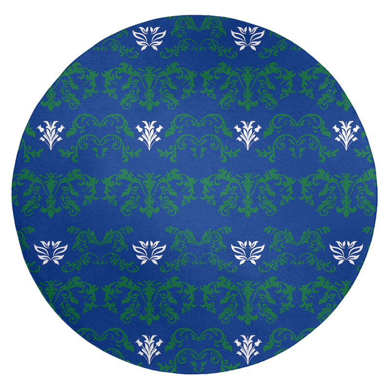 Tapis rond bleu damassé à motif baroque