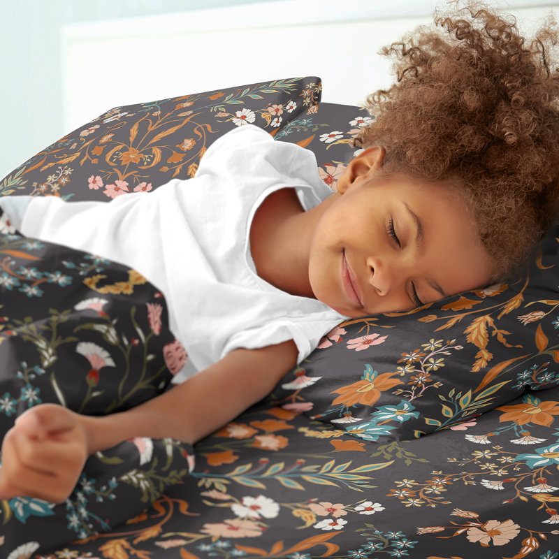 Boho Floral Wildflower Black and Orange Queen Microfiber Sheet Set