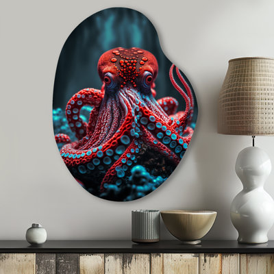 Red Octopus On The Ocean Floor IV - Animal Octopus Pear Shape Assymterical Metal Wall Art