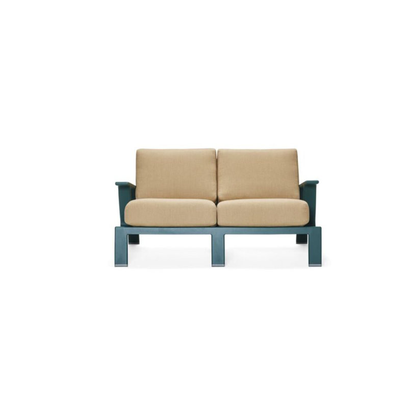Elevation 55'' Wide Rectangle Aluminum Loveseat with Cushions, Chestnut Brown, Denver Scarlett Sunbrella®