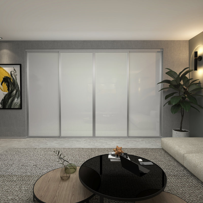 Armoire coulissante 4 panneaux en verre givré - Structure en aluminium avec technologie Silent Glide, Laiteux / argent