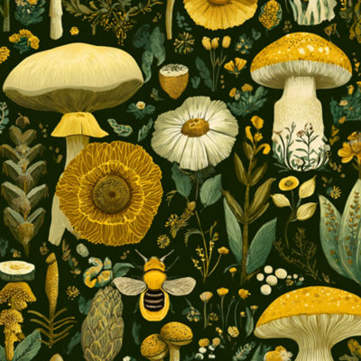 Papier peint auto-adhésif amovible à motif de champignon Botanical Bee Mushroom Wildflowers