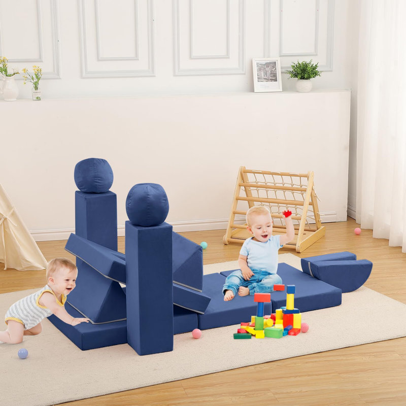 Kids Play Couch, 12 Pcs Modular Toddler Couch, Blue Faux Leather