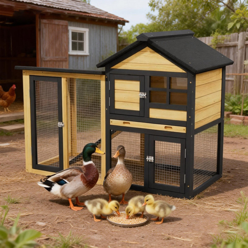 Poulailler et grillage en bois résistant aux intempéries en bois avec boîte de nidification et plateau, 46,9 po, jaune