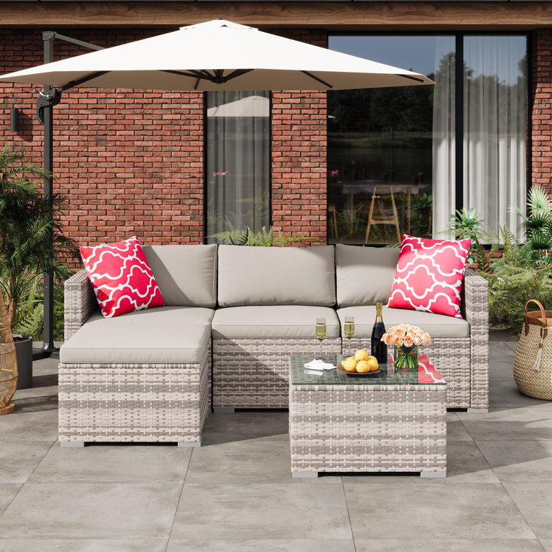 Modern 5-Piece Outdoor Patio Sofa Set – All-Weather PE Rattan Sectional with Ottoman and Glass Coffee Table – Light Gray Cushions & Red Floral Pillows – Ideal for Garden, Backyard, Poolside – Gray gradient rattan + light gray cushion + red floral pillow