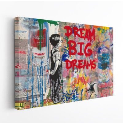 Dream Big Dreams Urban Graffiti Canvas Wall Art, Inspirational Boy Street Art, Colorful Modern Large Ready to Hang Canvas Print