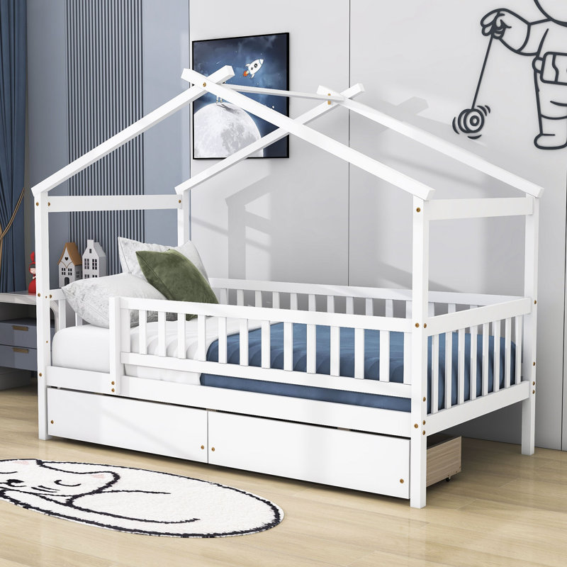 Lit en bois avec 2 tiroirs, toit et garde-corps, Simple, Blanc