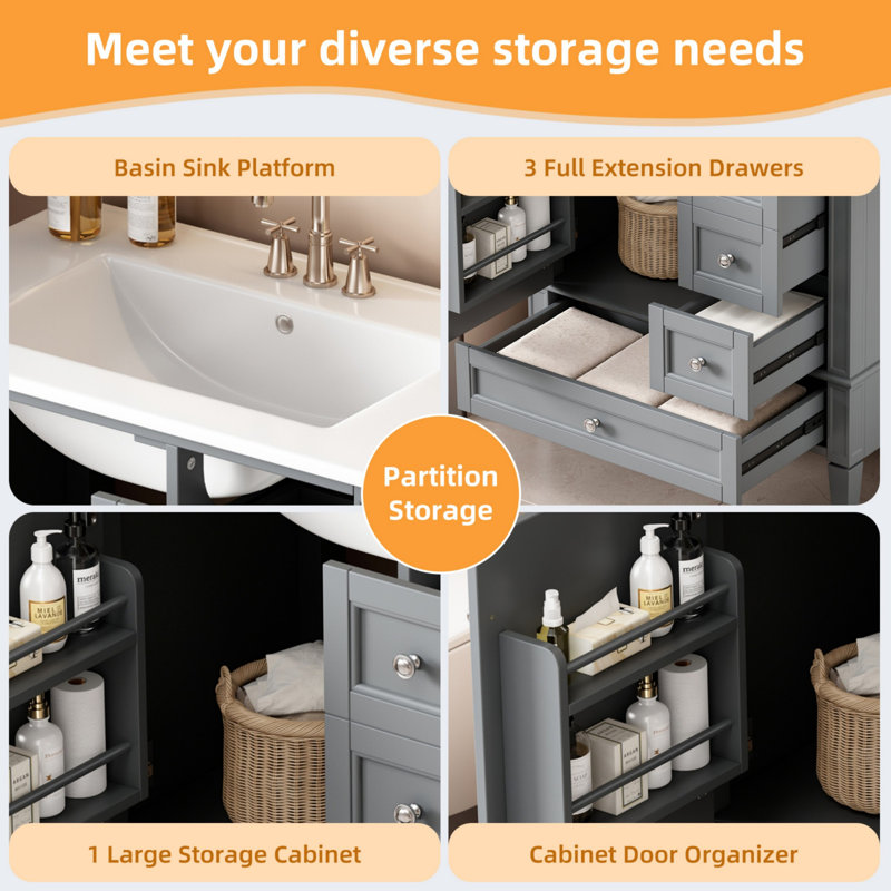 Meuble-lavabo 30 po avec lavabo en céramique, 3 tiroirs, structure en bois massif, Gris