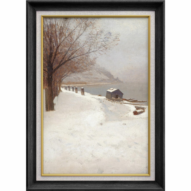 Winter Countryside Cottage Lake, reproduction d'art encadrée, Cadre noir, Pas de tapis