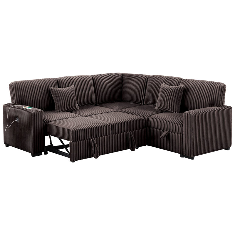 Canapé d'angle convertible 3 pièces de style moderne avec rangement réversible et lit gigogne, couleur bâbord, finition chocolat, revêtement en fibres, idéal pour le salon, rangement, velours côtelé, ressorts.