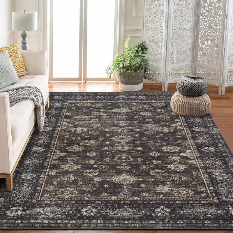 lxt-Boho Area Rug Living Room Rugs Floral Carpet Machine Washable Carpet Non Slip Soft Rugs for Bedroom Dining Kitchen Office