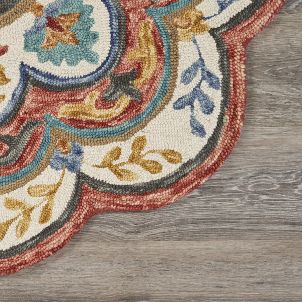Canora Grey Round Padula Floral Hand-Knotted Wool Red/Blue/Orange Area ...