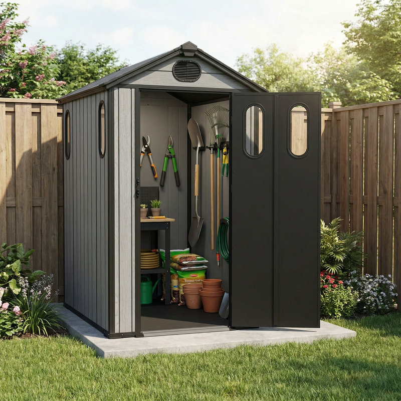 Outdoor Resin Storage Shed, Heavy-Duty Plastic Shed with Reinforced Floor, Windows & Mesh Vents, Lockable Door, Garden Shed