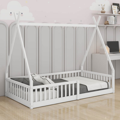 Twin Size Floor Bed Frame With Fence, Solid Pine Wood Bed With Slats